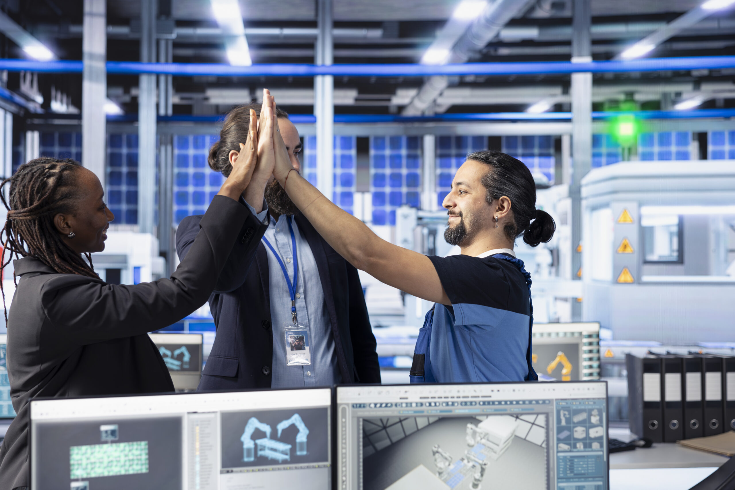 Pleased management team celebrating passing solar plant machinery inspection